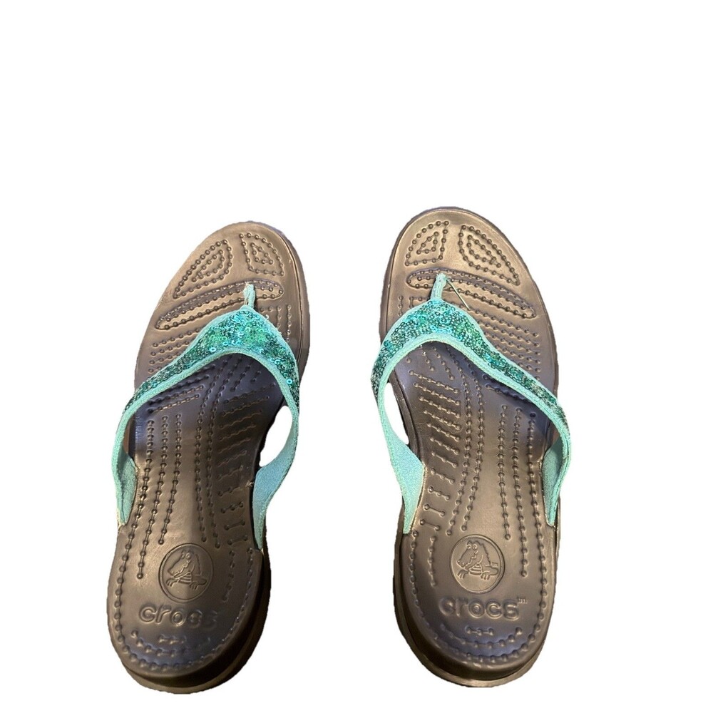 Crocs Women’s Flip Flop Sandals Size 6 Black with Teal Sequin Straps